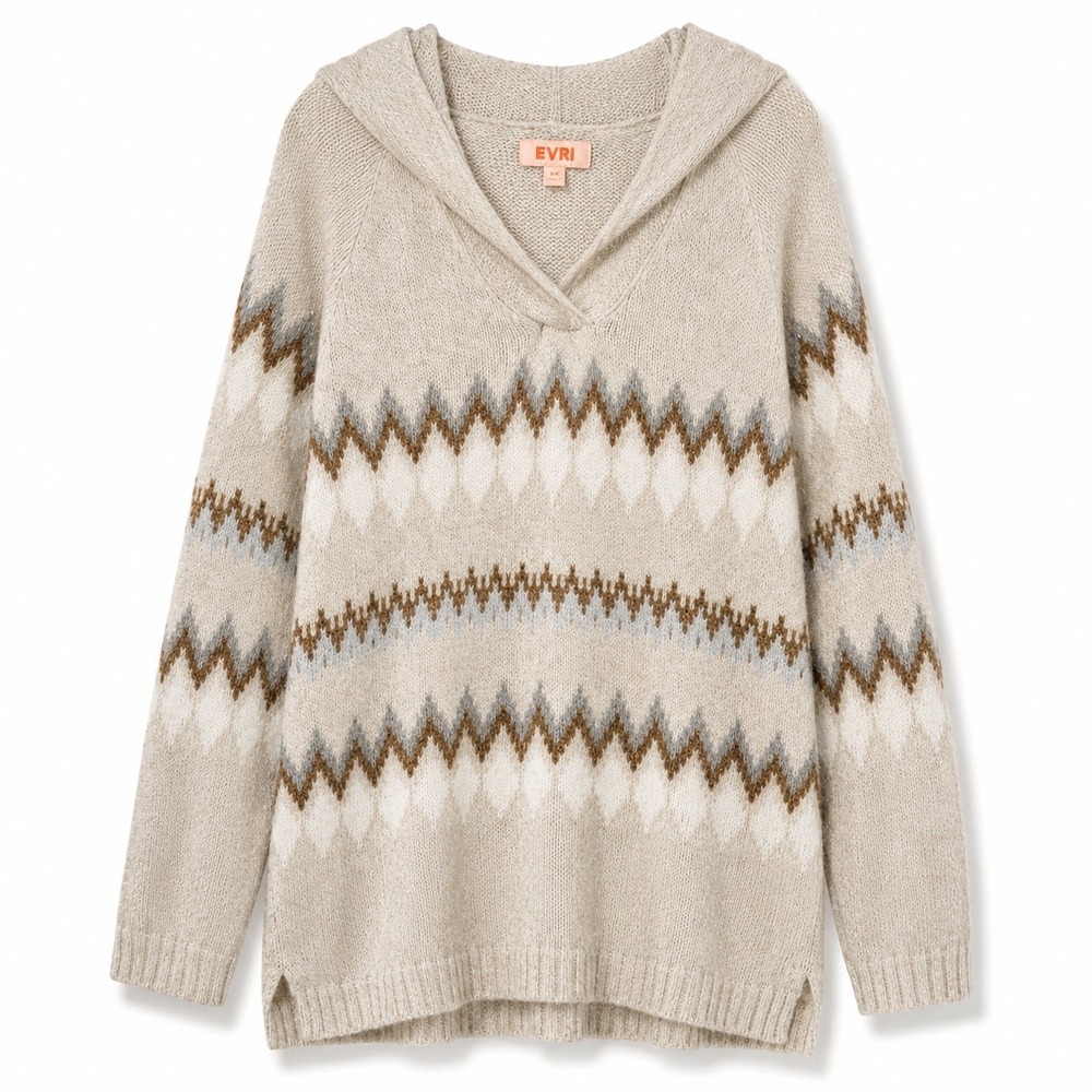 Evri Hooded Sweater Womens 0X Beige Chevron Fair Isle Metallic Sparkle Excellent